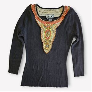 Vintage Berek Takako Sakon Hand Wood Beaded Artisan Ribbed Knit Top Sweater SP